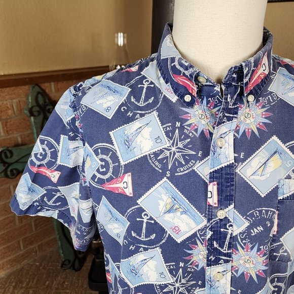 Chap's Nautical Themed Button Down Shirt Short Sleeve Size XL - Picture 1 of 5